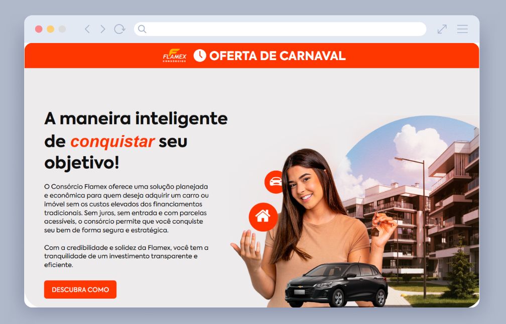 Exemplo de landing page, consórcio Flamex
